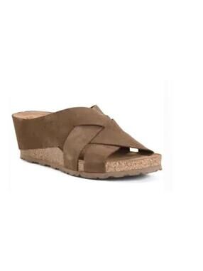 New YOKONO Suede Wedge cross band  Sandals leather tan adorable 9.5